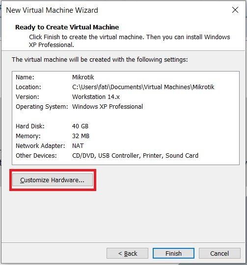 تنظیمات customize hardware در vmware